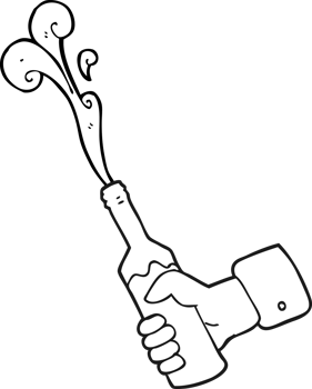 hand drawn black and white cartoon hand holding bottle of wine png