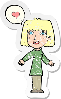 retro distressed sticker of a cartoon woman in love png