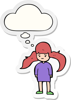 cartoon girl with long hair with thought bubble as a printed sticker png
