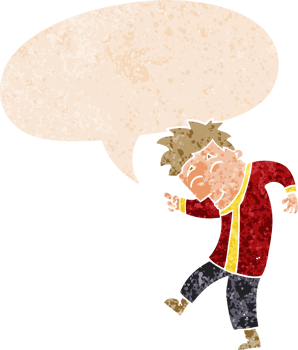 cartoon dancing man with speech bubble in grunge distressed retro textured style png