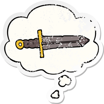 cartoon sword with thought bubble as a distressed worn sticker png