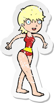 retro distressed sticker of a cartoon happy woman in swimming costume drawing png