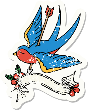 worn old sticker with banner of a swallow shot through with arrow png
