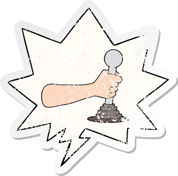 cartoon hand pulling lever with speech bubble distressed distressed old sticker png