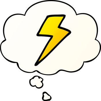 cartoon lightning bolt with thought bubble in smooth gradient style png