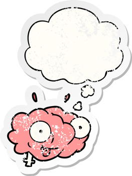 funny cartoon brain with thought bubble as a distressed worn sticker png