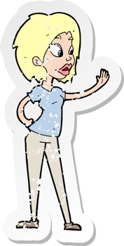 retro distressed sticker of a cartoon woman waving drawing png