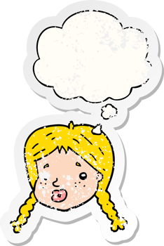 cartoon girls face with thought bubble as a distressed worn sticker png