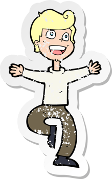 retro distressed sticker of a cartoon excited boy drawing png