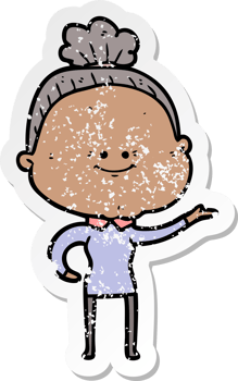 distressed sticker of a cartoon happy old woman png