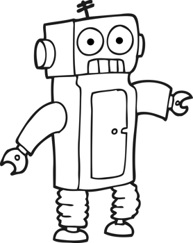 hand drawn black and white cartoon robot png