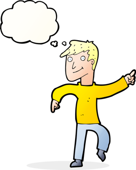 cartoon happy man pointing with thought bubble png