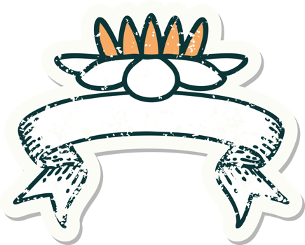 worn old sticker with banner of a lily pad flower png