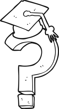 hand drawn black and white cartoon graduation cap on question mark png