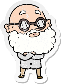 distressed sticker of a cartoon curious man with beard and glasses png