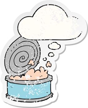 cartoon canned fish with thought bubble as a distressed worn sticker png