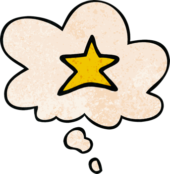 cartoon star symbol with thought bubble in grunge texture style png