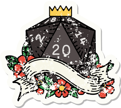 grunge sticker of a natural twenty D20 dice roll png