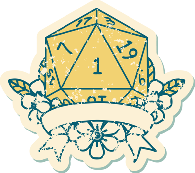 Retro Tattoo Style natural one d20 dice roll png