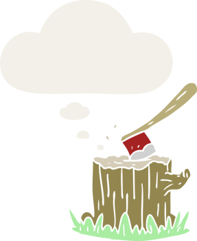 cartoon axe in tree stump with thought bubble in retro style png