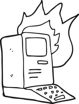 drawn black and white cartoon old computer on fire png