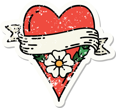 distressed sticker tattoo in traditional style of a heart flower and banner png