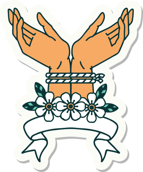 tattoo style sticker with banner of hands tied png