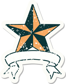 worn old sticker with banner of a star png