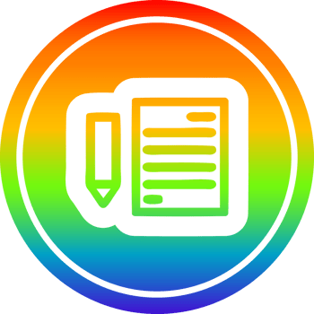 document and pencil circular icon with rainbow gradient finish png