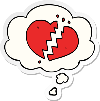 cartoon broken heart with thought bubble as a printed sticker png