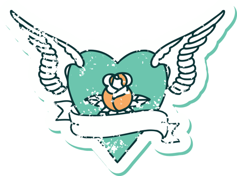 iconic distressed sticker tattoo style image of heart with wings a rose and banner png
