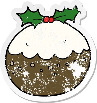 distressed sticker of a cartoon christmas pudding png