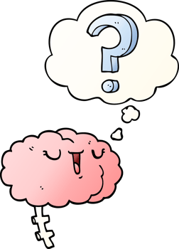 cartoon curious brain with thought bubble in smooth gradient style png