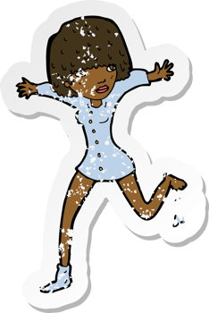 retro distressed sticker of a cartoon woman kicking off sock png
