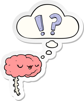 cartoon curious brain with thought bubble as a printed sticker png