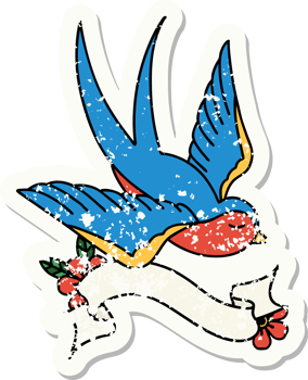 worn old sticker with banner of a swallow png