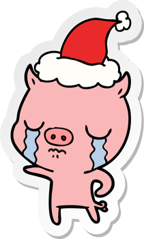 hand drawn sticker cartoon of a pig crying wearing santa hat png