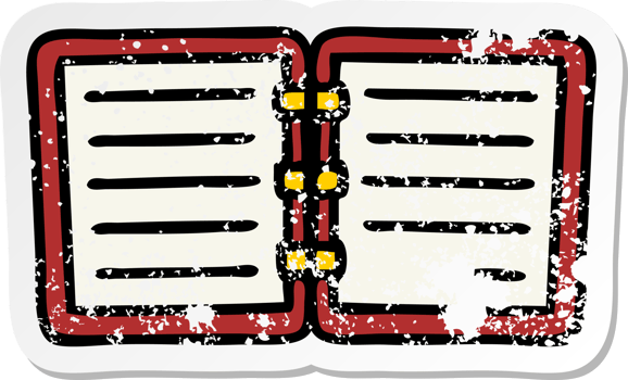distressed sticker of a cute cartoon open diary png