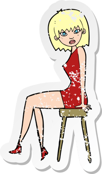 retro distressed sticker of a cartoon woman sitting on stool drawing png