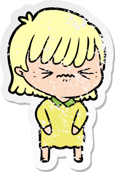 distressed sticker of a annoyed cartoon girl png