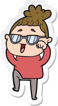 sticker of a cartoon happy woman wearing spectacles png