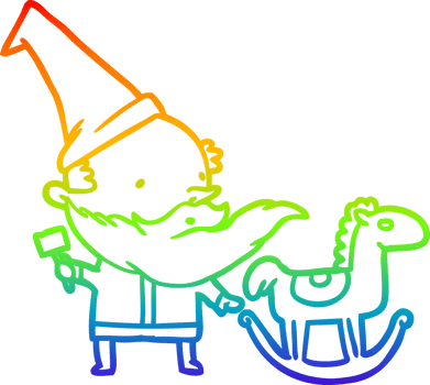 rainbow gradient line drawing of a santa or elf making a rocking horse png