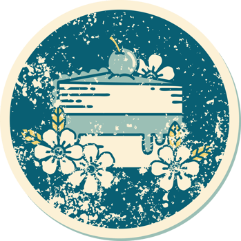 iconic distressed sticker tattoo style image of a slice of cake and flowers png