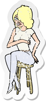 retro distressed sticker of a cartoon woman sitting on bar stool drawing png