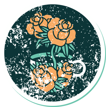 iconic distressed sticker tattoo style image of a cup and flowers png