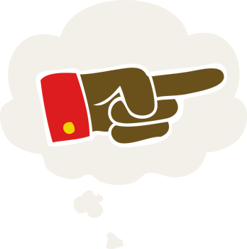 cartoon pointing hand with thought bubble in retro style png