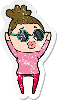 distressed sticker of a cartoon woman wearing sunglasses png