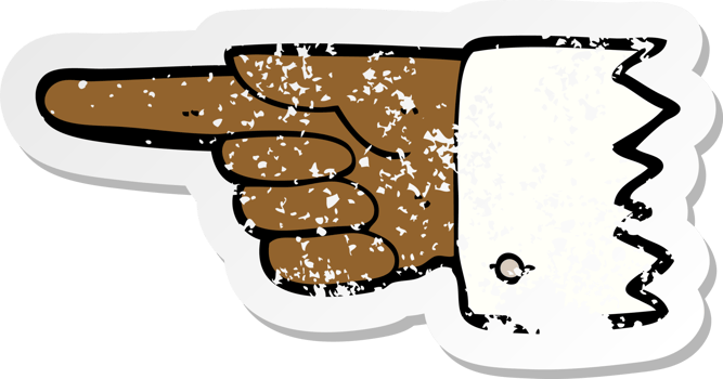 retro distressed sticker of a cartoon pointing hand symbol drawing png