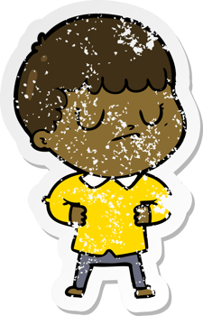 distressed sticker of a cartoon grumpy boy png