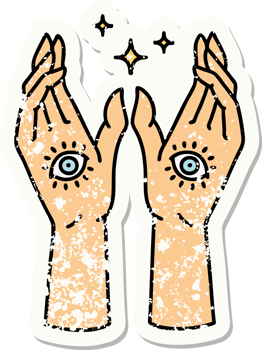 distressed sticker tattoo in traditional style of mystic hands png
